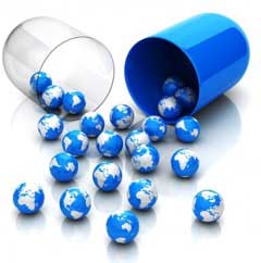 Globalization Of Healthcare - Globes Spilling Out Of Pill Container