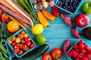 Food Insecurity in the US - Fruits and Vegetables on Blue Table