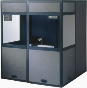 Soundproof booths are used by professional interpreters to cancel distracting noise