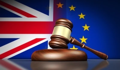 Brexit and Patents - Gavel in front of British and EU Flags